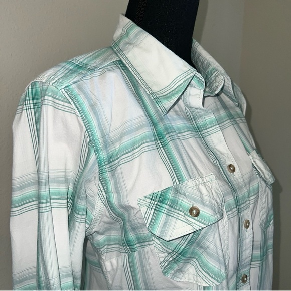 Carhartt Women’s Heron Green White Plaid 3/4 Sleeves Button Down Blouse M 8/10 - Picture 13 of 14